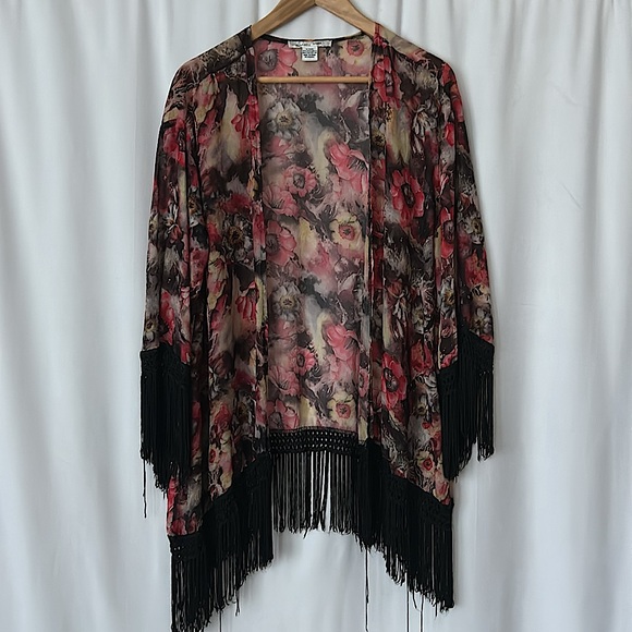 Sans Souci Tops - Sans Souci Beautiful Floral 3/4 Sleeve Fringed Kimono Shirt Top **Size S** 🌺🌺
